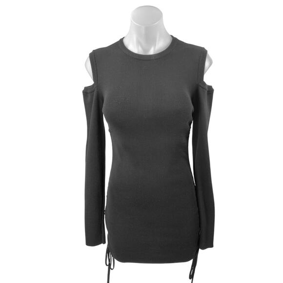 Lioness Black Rib Knit Cold Shoulder Long Sleeve Cinched Mini Bodycon Dress Sz S - Picture 1 of 4